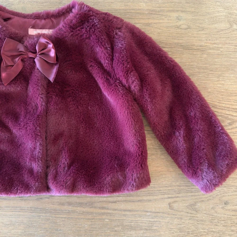 BCBG Little‎ Girls' Faux Fur Dressy Cropped Jacket With Bow-Maroon Red-Size 2T